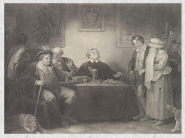 Peter Simon, ”Cele șapte vârste ale omului – Vârsta a cincea, Justiția”, gravură (ilustrație la ”Cum vă place” de William Shakespeare, actul II, scena 7), 1801