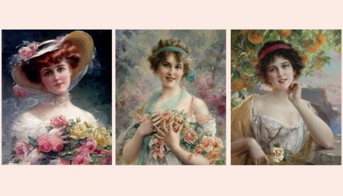 urfet sachir femeia Portrete de Émile Vernon 1872–1919 ”Frumusețe florală”, ”Fată cu trandafir”, .”Frumusețe sub trandafir”jpg