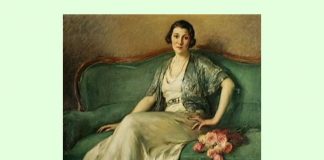 Fernand Toussaint, ”Tânără cu buchet de trandafiri, așezată pe o canapea verde”