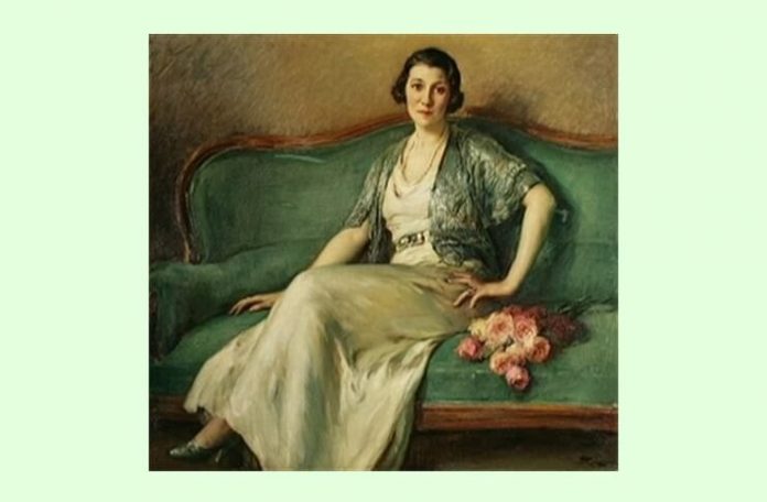 Fernand Toussaint, ”Tânără cu buchet de trandafiri, așezată pe o canapea verde”