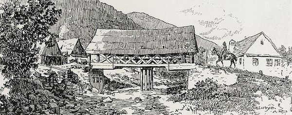 Pod de lemn la Săliștea Sibiului, gravură de Albert Reich, 1916
