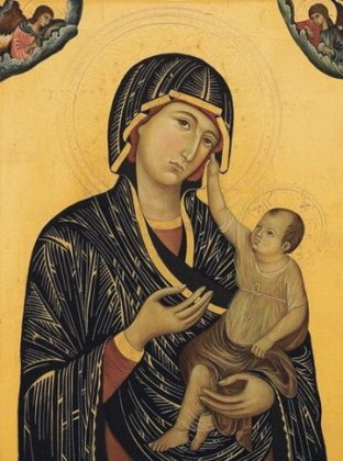 Duccio di Buoninsegna, Madona de la Crevole (1283 &ndash; 1284). Fecioara poartă un maphorion negru şi un chiton roşu, tivite cu aur; basma roşie.