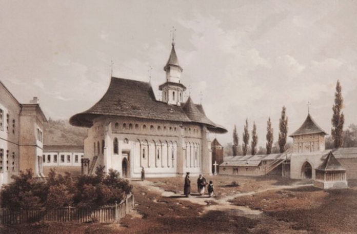 Mănăstirea Putna, 1850 – acuarelă de Franz Xaver Knapp. Sursa: dragusanul.ro