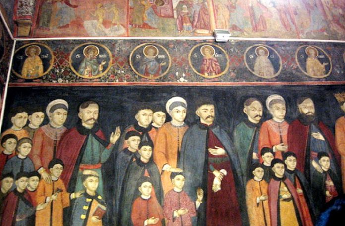 Tablou votiv pictat de Pârvu Mutu în Biserica ”Sfinții Trei Ierarhi” din Filipeștii de Pădure, jud. Prahova