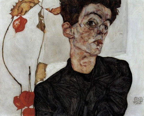 Egon Schiele, ”Autoportret cu Physalis” (cireșe de pământ, 1912