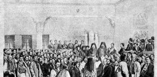 Solemnitatea deschiderii Adunării ad-hoc din Ţara Românească (Bucureşti, 8 octombrie 1857), litografie de Carol Popp de Szathmáry