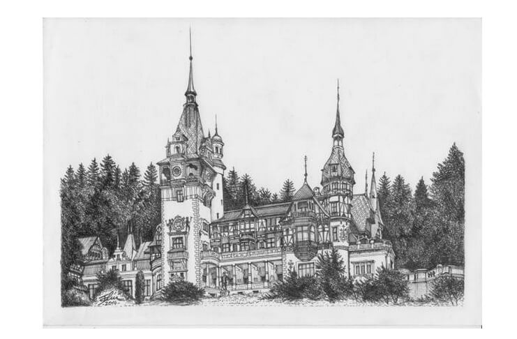 Inaugurarea Castelului Peleș din Sinaia Castelul Peleș, desen de Bogdan Calciu