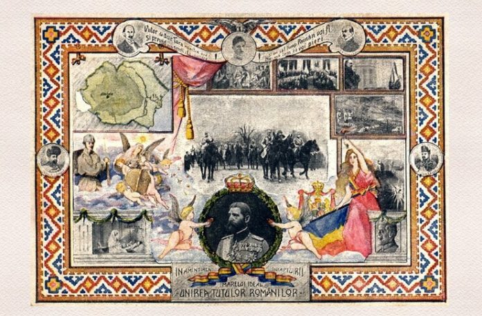 Carte poștală din 1918 – 1919 care ilustrează unirea tuturor românilor într-un singur stat. Sursa Wikipedia