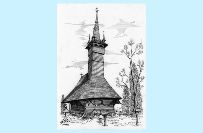 Biserica de lemn ”Sf. Arhangheli” din Rogoz, Maramureș. Desen de Bogdan Calciu Biserica de lemn ”Sf.Arhangheli” din Rogoz, Maramureș. Desen de Bogdan Calciu