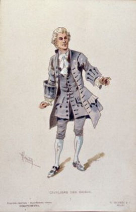 Costumul Cavalerului des Grieux pentru actul al II-lea, desenat de Adolfo Hohenstein pentru premiera mondială a operei &rdquo;Manon Lescaut&rdquo; de Puccini, Teatrul Regio din Torino, 1 februarie 1893