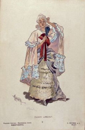 Costumul lui Manon pentru actul al II-lea, desenat de Adolfo Hohenstein pentru premiera mondială a operei &rdquo;Manon Lescaut&rdquo; de Puccini