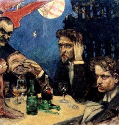 Jean Sibelius (dreapta), Akseli Gallen-Kallela (st&acirc;nga), Oskar Merikanto, Robert Kajanus. Schiță de Akseli Gallen-Kallela din 1894 pentru tabloul terminat mai t&acirc;rziu, &rdquo;Symposion&rdquo;