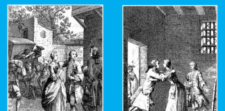 ”Întâlnirea dintre Des Grieux și Manon” și ”Vizita lui Manon la Salpêtrière”. Ilustrații de Hubert-François Gravelot la Abatele Prevost, ”Histoire du Chevalier Des Grieux et de Manon Lescaut”, Amsterdam, 1753