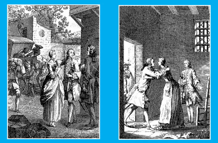 ”Întâlnirea dintre Des Grieux și Manon” și ”Vizita lui Manon la Salpêtrière”. Ilustrații de Hubert-François Gravelot la Abatele Prevost, ”Histoire du Chevalier des Grieux et de Manon Lescaut”, Amsterdam, 1753 ”Întâlnirea dintre Des Grieux și Manon” și ”Vizita lui Manon la Salpêtrière”. Ilustrații de Hubert-François Gravelot la Abatele Prevost, ”Histoire du Chevalier Des Grieux et de Manon Lescaut”, Amsterdam, 1753