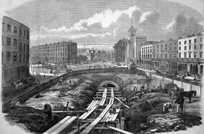 Construirea Metropolitan Railway, stația King's Cross, în 1861. Ilustrație de P. Justyne