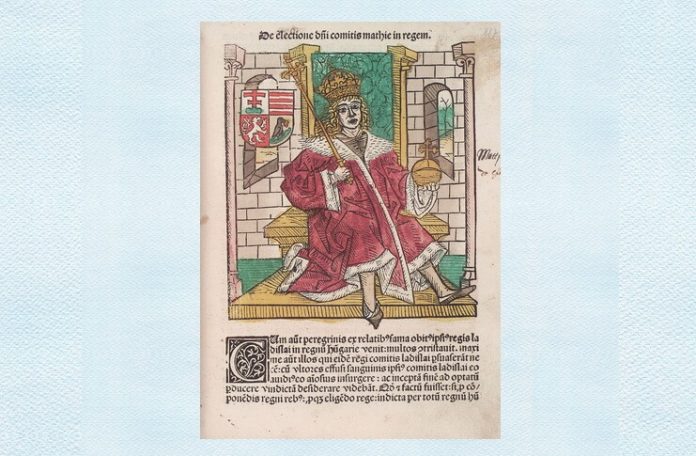 Matei Corvin, ilustrație in pagina unui incunabul slovac al cărui autor este Ioannes de Thurocz, adică Thuróczy János, istoric maghiar, autor al ”Chronica Hungarorum”
