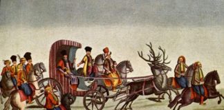 Instaurarea regimului fanariot în Ţara Românească O imagine a extravaganţelor atribuite fanarioţilor din Muntenia: Nicolae Mavrogheni călătorind prin Bucureşti într-o trăsură trasă de cerbi. Sursa: Wikipedia.