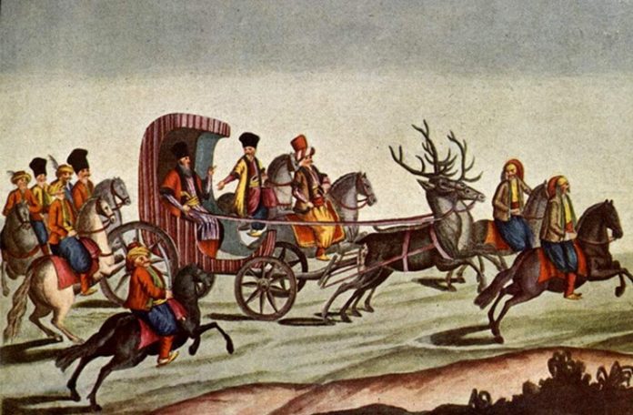 O imagine a extravaganţelor atribuite fanarioţilor din Muntenia: Nicolae Mavrogheni călătorind prin Bucureşti într-o trăsură trasă de cerbi. Sursa: Wikipedia.