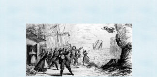 Scena finală din ”Olandezul zburător” la premiera din 1843. Desen publicat în ”Leipziger Illustrierte Zeitung”, 3 ianuarie 1843