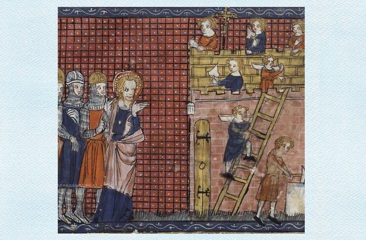 Valentine’s Day sau Ziua Îndrăgostiţilor Sfântul Valentin de Terni supraveghind construcția bazilicii sale la Terni, dintr-un manuscris francez din secolul al XIV-lea