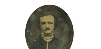 Copie fotografică a lui Poe de Oscar Halling, făcută prin utilizarea daghereotipului „Thompson”, unul din ultimele portrete ale lui Poe (1849)