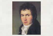 Prima audiție absolută a Simfoniei a III-a, „Eroica” de Beethoven Ludwig van Beethoven, portret de Joseph Willibrord Mähler (1778–1860), 1804–1805, detaliu