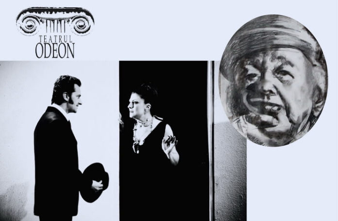 Oana Ștefănescu și Ionel Mihăilescu în „Ionesco – 5 piese scurte”, Teatrul Odeon. În medalion: portret Eugène Ionesco de Adina Romanescu, 2010