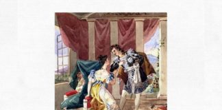 Scenă din „Nunta lui Figaro”, actul I, scena 19. Acuarelă de autor anonim, înainte de 1900