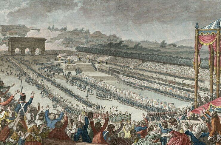 14 iulie: Sărbătoarea Naţională a Republicii Franceze „Fête de la Fédération”, stampă de Isidore Stanislas Helman după Charles Monnet, pictorul regelui