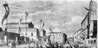 Calea Victoriei la 1862. Cortegiul domnitorului Alexandru Ioan Cuza. Sursa foto: „Bucureștii vechi. Documente iconografice”, București, 1936