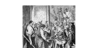Romulus Augustulus dându-i coroana lui Odoacru, gravură de autor necunoscut, secolul al XIX-lea