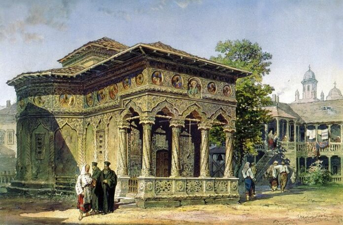 Biserica Stavropoleos în 1868, acuarelă de Amedeo Preziosi
