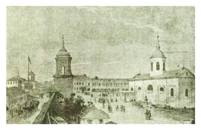 Spitalul „Sfântul Spiridon”. Desen de I. Rey, din „Album de douze vues de la ville de Iassys”, 1845