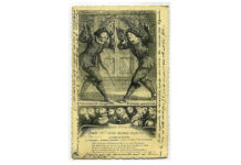 Scaramouche (Tiberio Fiorilli, stânga) învățându-l pe Élomire (Molière), studentul său, pagină de frontispiciu la comedia-pamflet „Élomire Hypocondre” (1670) de Le Boulanger de Chalussay