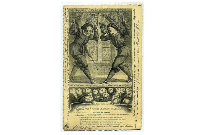 Scaramouche (Tiberio Fiorilli, stânga) învățându-l pe Élomire (Molière), studentul său, pagină de frontispiciu la comedia-pamflet „Élomire Hypocondre” (1670) de Le Boulanger de Chalussay