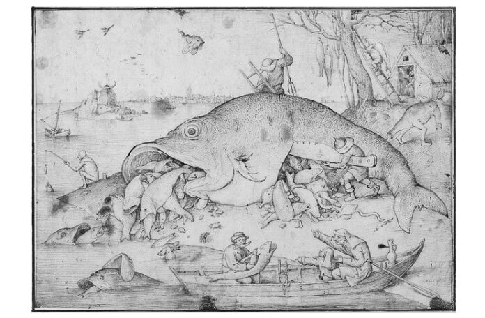 Pieter Bruegel cel Bătrân, „Peștele cel mare înghite peștele cel mic”, 1556, Muzeul Albertina, Viena
