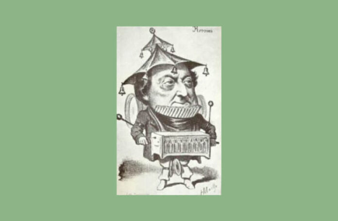 Rossini, caricatură de/caricature by Hippolyte Mailly (1829–1888), anii 1850/the 1850s