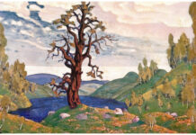Schiță de decor a lui Nicholas Roerich pentru premiera baletului „Le Sacre du printemps” de Stravinsky, 1913/Stage design sketch by Nicholas Roerich for the 1913 premiere of ”The Rite of Spring” by Stravinski