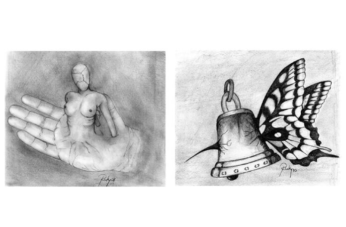 Grafică de/Drawings by Rudy Roth: „Nașterea Evei”/”The Birth of Eve”, 2008 (left); „Fluturele tăcerii”/”The Butterfly of the Silence”, 2010