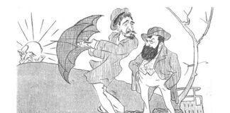 „Despre noi și bășcălia la români” de Ionuț Cristache Ion Theodorescu-Sion, „Apus de soare”, caricatură din revista „Furnica”, 12 februarie 1909