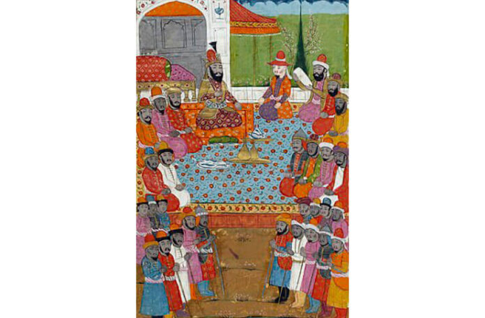 Miniatură islamică ce îl înfățișează pe Jaʿfar ibn Abu Talib (cu pielea albă în partea de sus) fiind primit călduros de regele An-Najashi și curtea sa