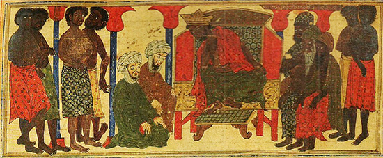 llustrație din munuscrisul „Istoria lumii” de Rachi al-Din, reprezentându-l pe regele An-Najashi refuzând cererea delegației meccane de a nu ceda musulmanilor, 1314