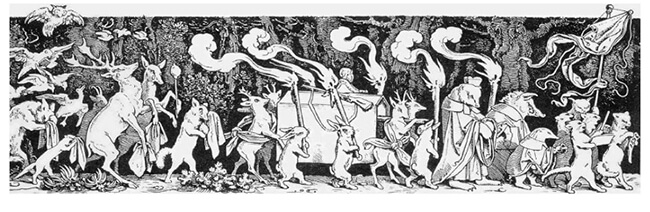 „Înmormântarea vânătorului”, gravură de Jacques Callot (1592–1635), care l-a inspirat pe Mahler pentru compunerea părții a III-a a Simfoniei I