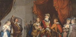 „Timp și teatru, în șase secvențe…” de Ionuț Cristache „Cordelia, susținută de contele de Kent”, „Regele Lear” de Shakespeare, actul I, de autor necunoscut, anii 1770